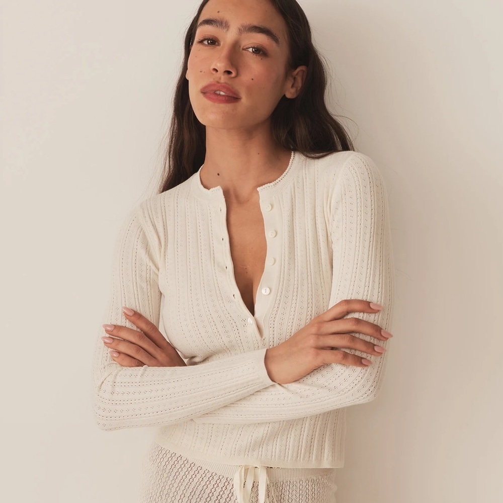 Doen Ellis Henley Pointelle Knit Button Crewneck Sweater Top Ivory - Picture 1 of 10
